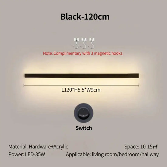 Applique Salon Canapé Élégante Lampe Murale Décorative. Noir-120Cm / Gradation Tricolore Chambre