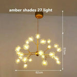 Lustre Arbre Branches Boules Verre Led Ambre - 27 Lampes Luminaire Doré