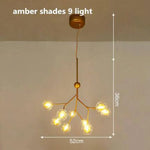 Lustre Arbre Branches Boules Verre Led Ambre - 9 Lampes Luminaire Doré