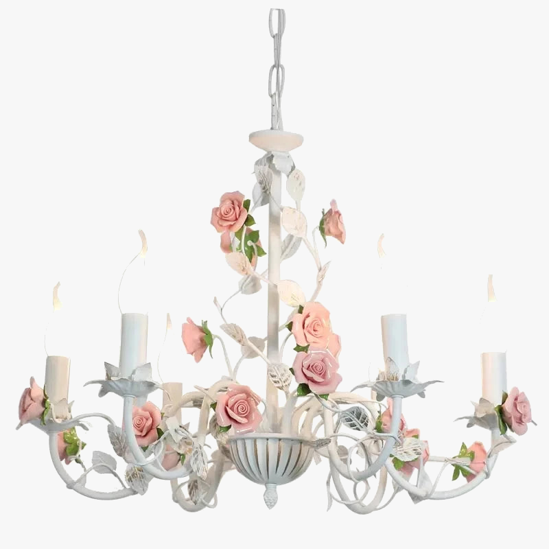 lustre en fer forgé avec décor de roses romantiques fleurs pastorales