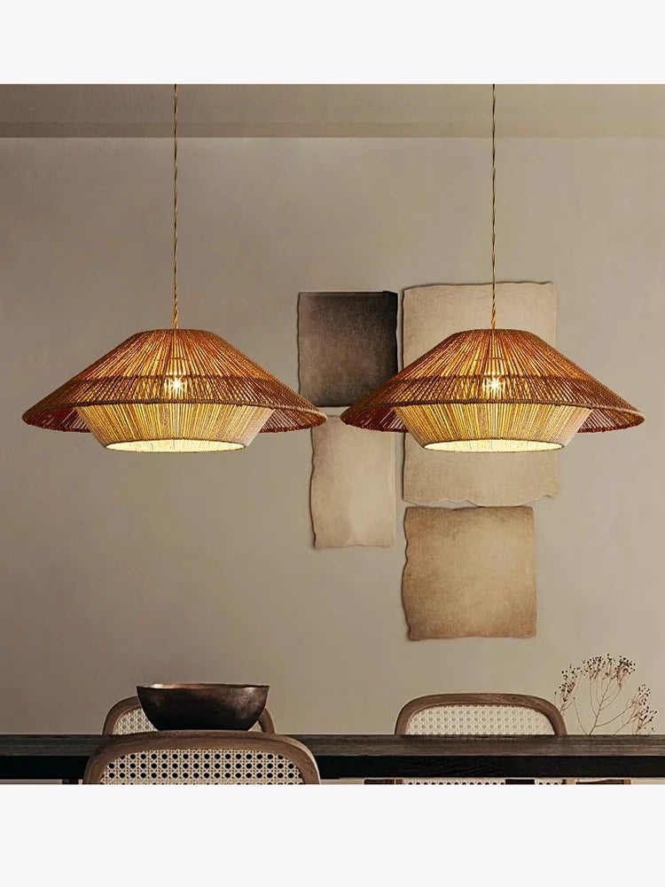 lustre LED vintage en corde et rotin tissé pour décoration intérieure