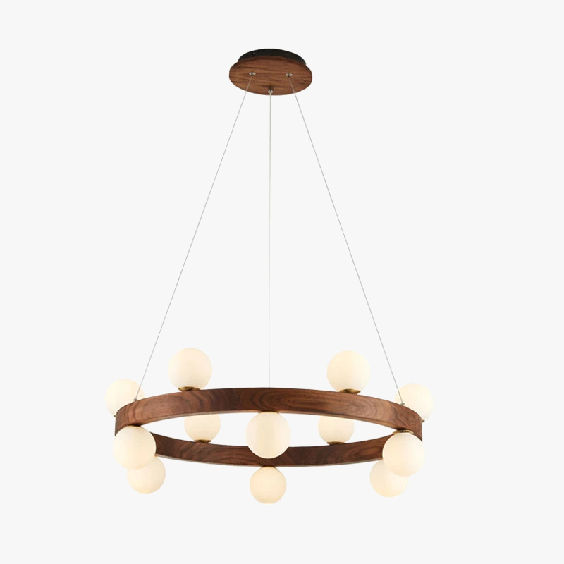 lustre rond en noyer avec ampoules en verre led moderne