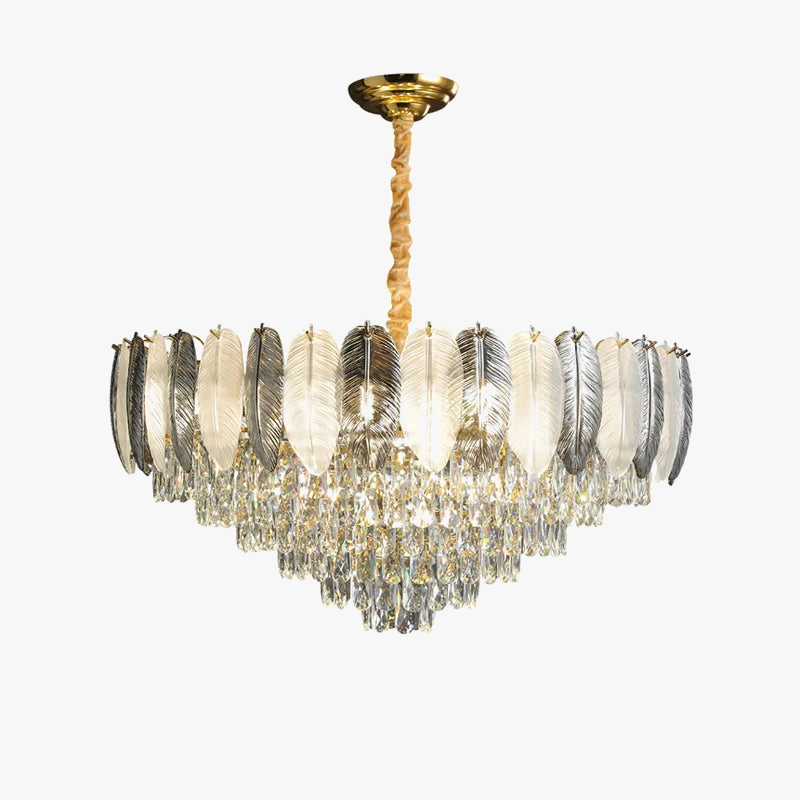 lustre suspendu led art déco en cristal et plumes blanches et grises