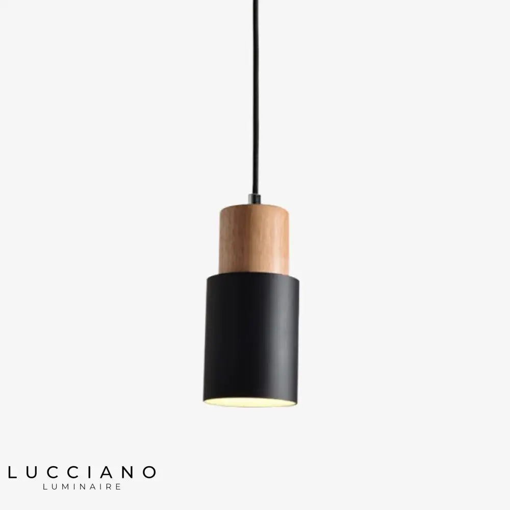 Suspension Bois Métal Cylindrique Wood Noir Luminaire En Bois