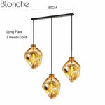 Suspension Led Verre Coloré Déformé Doré - 3 Lampes Base Longue Luminaire Doré