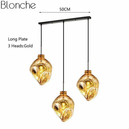 Suspension Led Verre Coloré Déformé Doré - 3 Lampes Base Longue Luminaire Doré