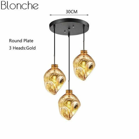 Suspension Led Verre Coloré Déformé Doré - 3 Lampes Base Rond Luminaire Doré