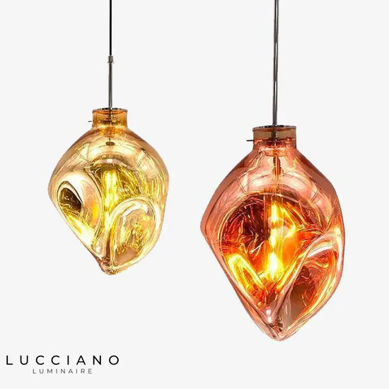 Suspension Led Verre Coloré Déformé Luminaire Doré