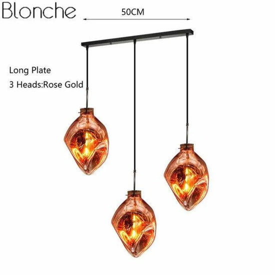 Suspension Led Verre Coloré Déformé Orange - 3 Lampes Base Longue Luminaire Doré