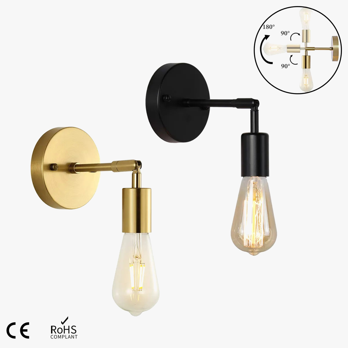 Vintage applique murale LED lampe 180 ° rotatif industriel E27 chambre chevet salle de bain miroir applique murale vanité luminaire plafonnier